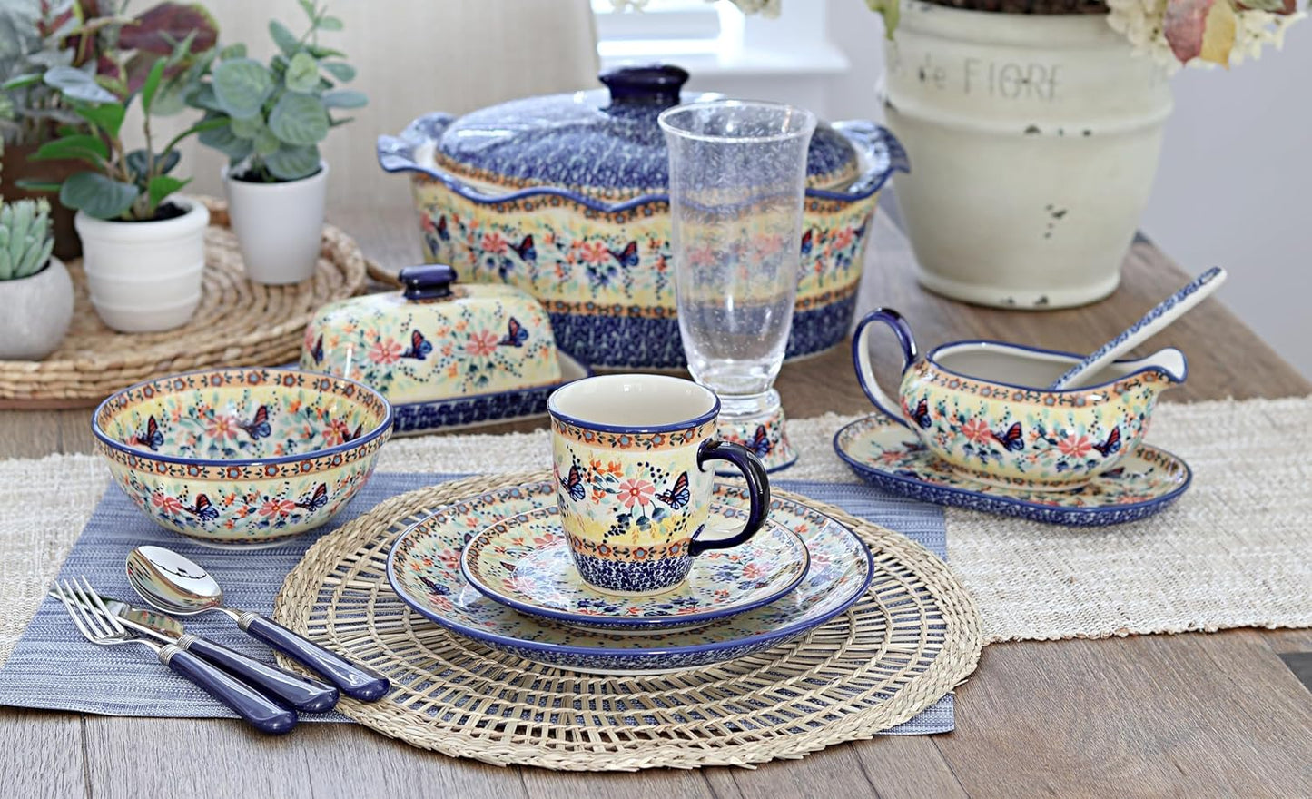 Blue Rose Polish Pottery - Yellow Blue Butterfly Dessert Plate - 7" Diameter - Beautiful Plate for Cake, Appetizers, or Snacks