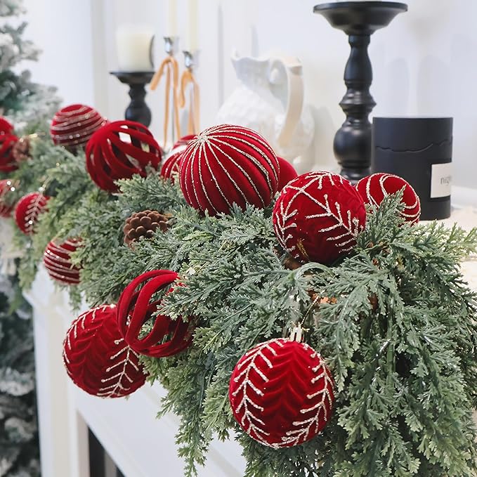 4inch Velvet Ornaments for Christmas Tree, 9PCS Glitter Flocked Christmas Ornaments Decorations Balls Set Decor Red