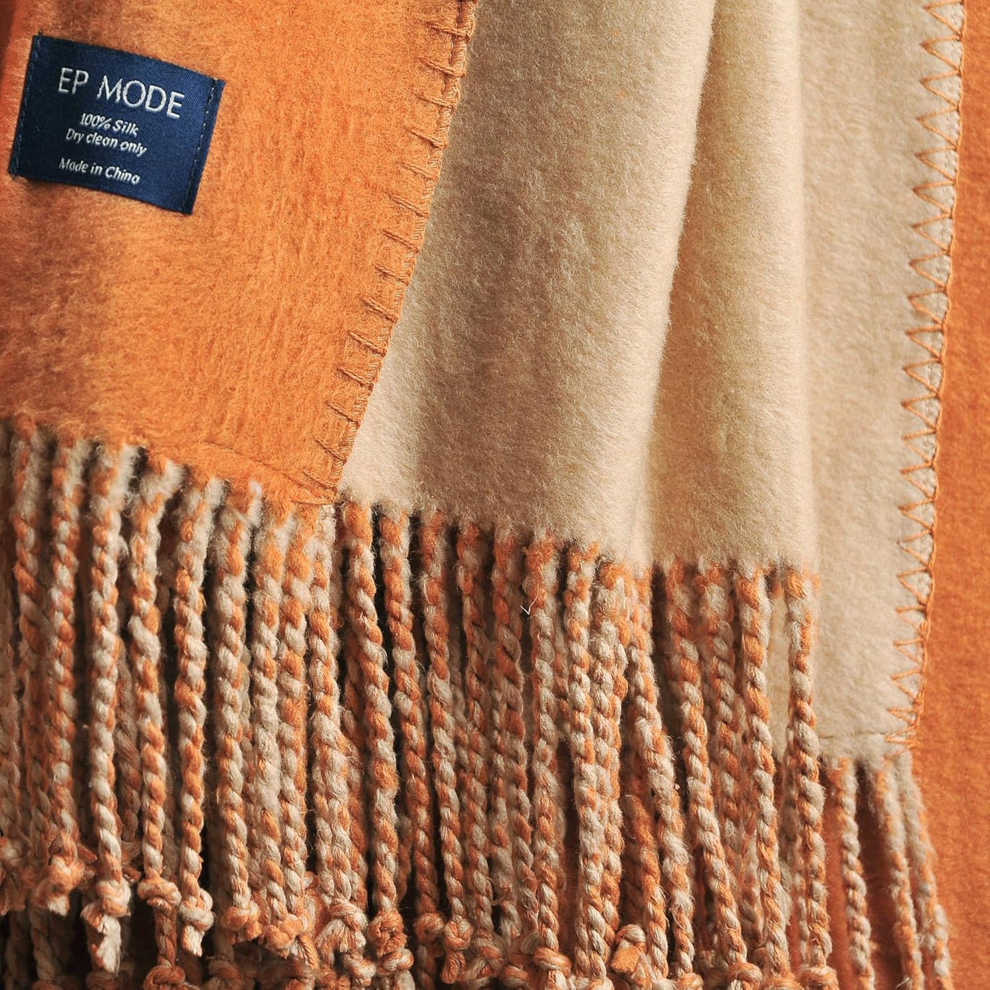 EP Mode Reversible Fringed Mulberry Silk Throw Blanket for Sofa (Caramel/Beige)