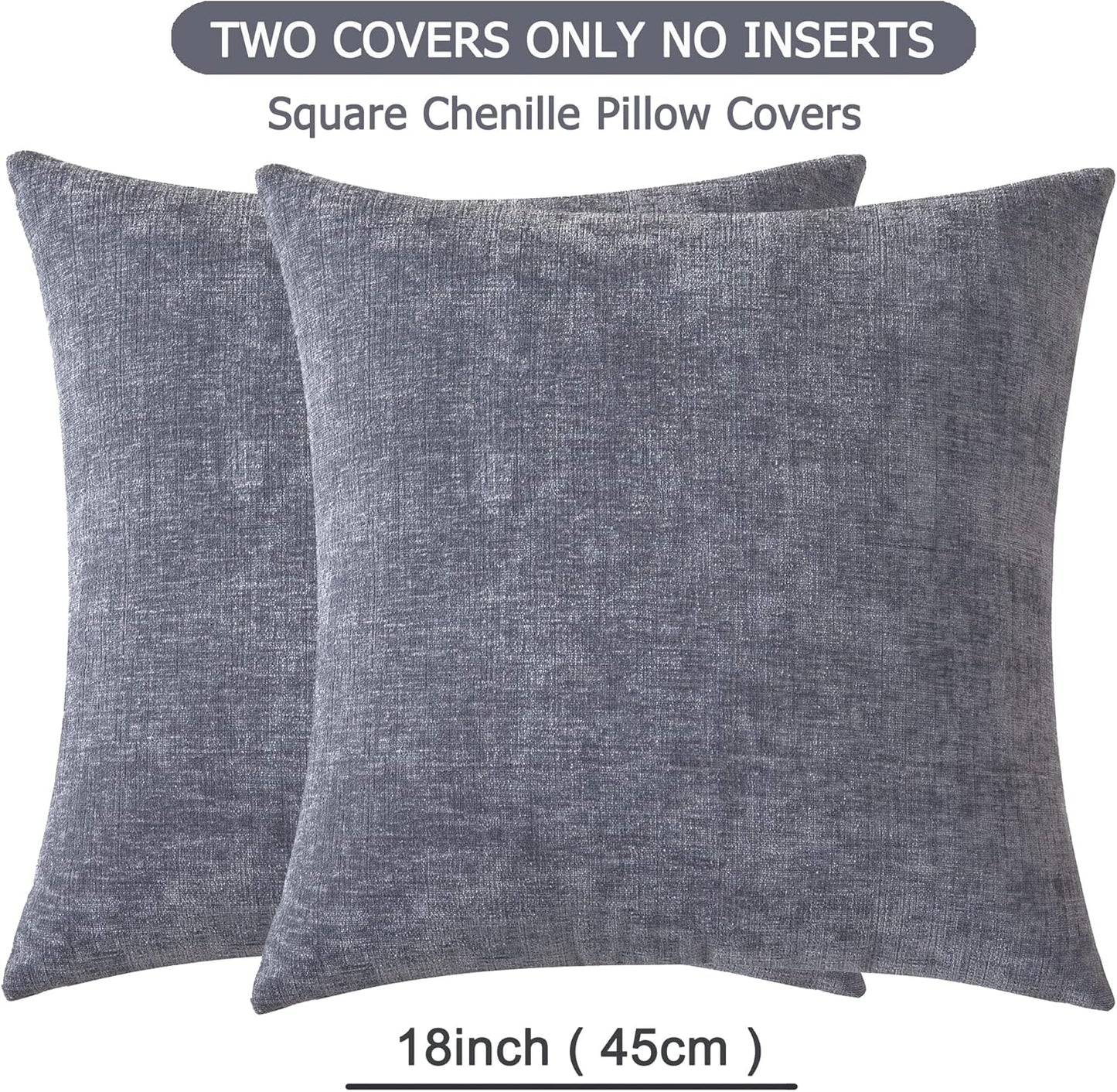 GAWAMAY Decorative Square Throw Pillow Covers 18"x18" Inch Set of 2, Super Soft Chenille Pillows Farmhouse Fall Pillowcase for Living Room Bedroom Sofa Couch Cushion Cover Grey 45x45cm (No Insert)