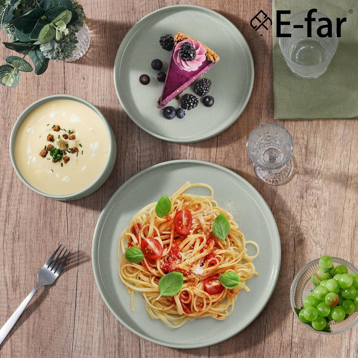 E-far Stoneware Dinnerware Sets, 12-Piece Plates and Bowls Dish Set for 4, Kitchen Modern Dinning Ware, Chip and Scratch Resistant, Microwave & Dishwasher Safe, Speckled Green