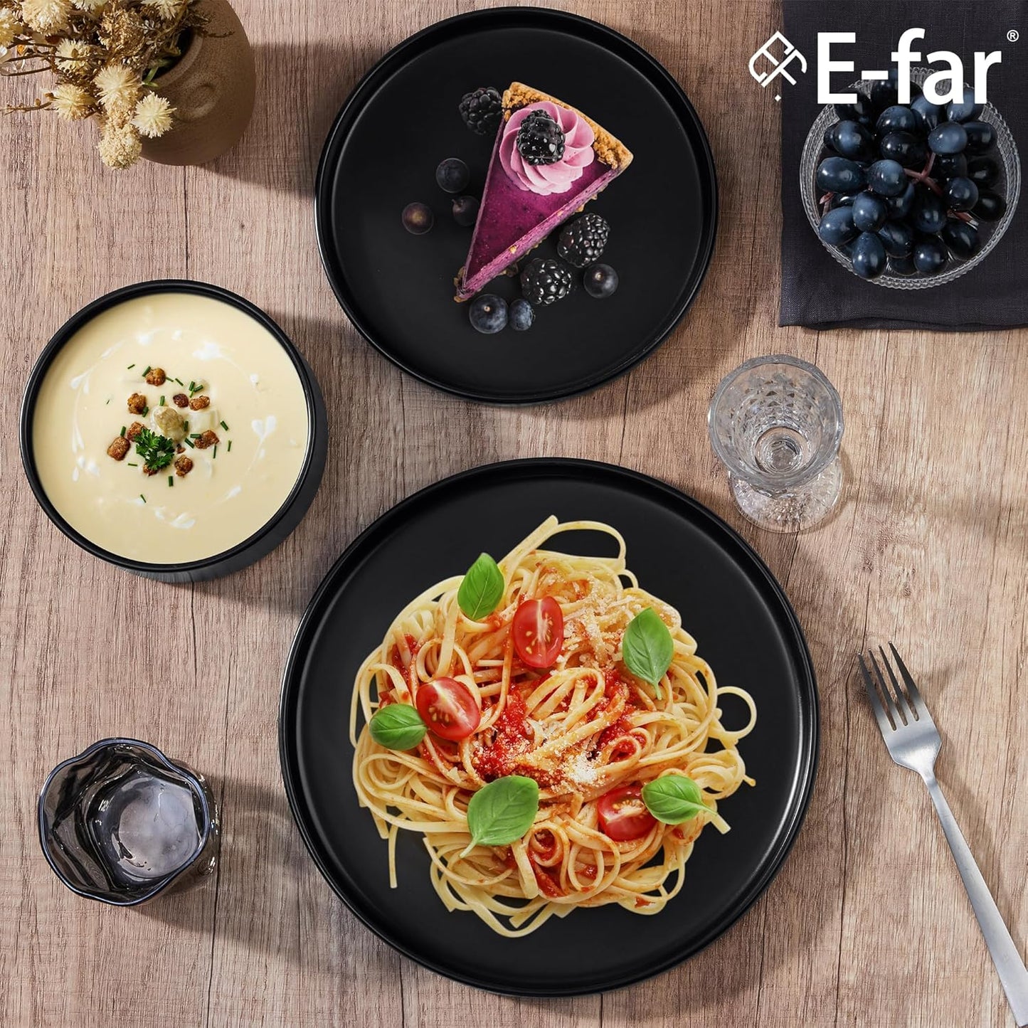 E-far Black Dinnerware Sets for 6, 18-Piece Stoneware Plates and Bowls Dish Set, Modern Kitchen Dinning Dishware, Chip and Scratch Resistant, Microwave & Dishwasher Safe, Matte Black
