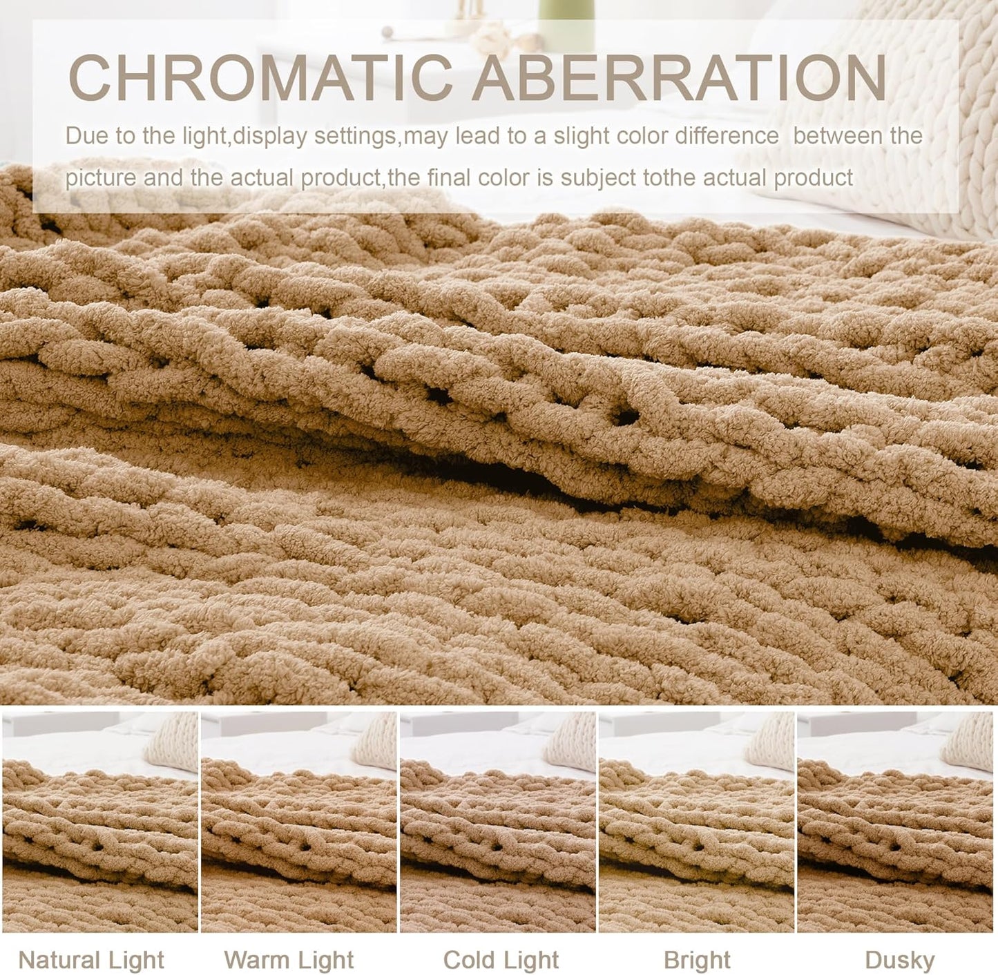 Chunky Knit Throw Blanket 60"X 80", 100% Handmade with Soft Chenille Yarn, 6.7lbs Thick Cable Knitted Blankets, Large Rope Knot Crochet Throws for Couch Sofa Bed Home Decor, Tan Brown