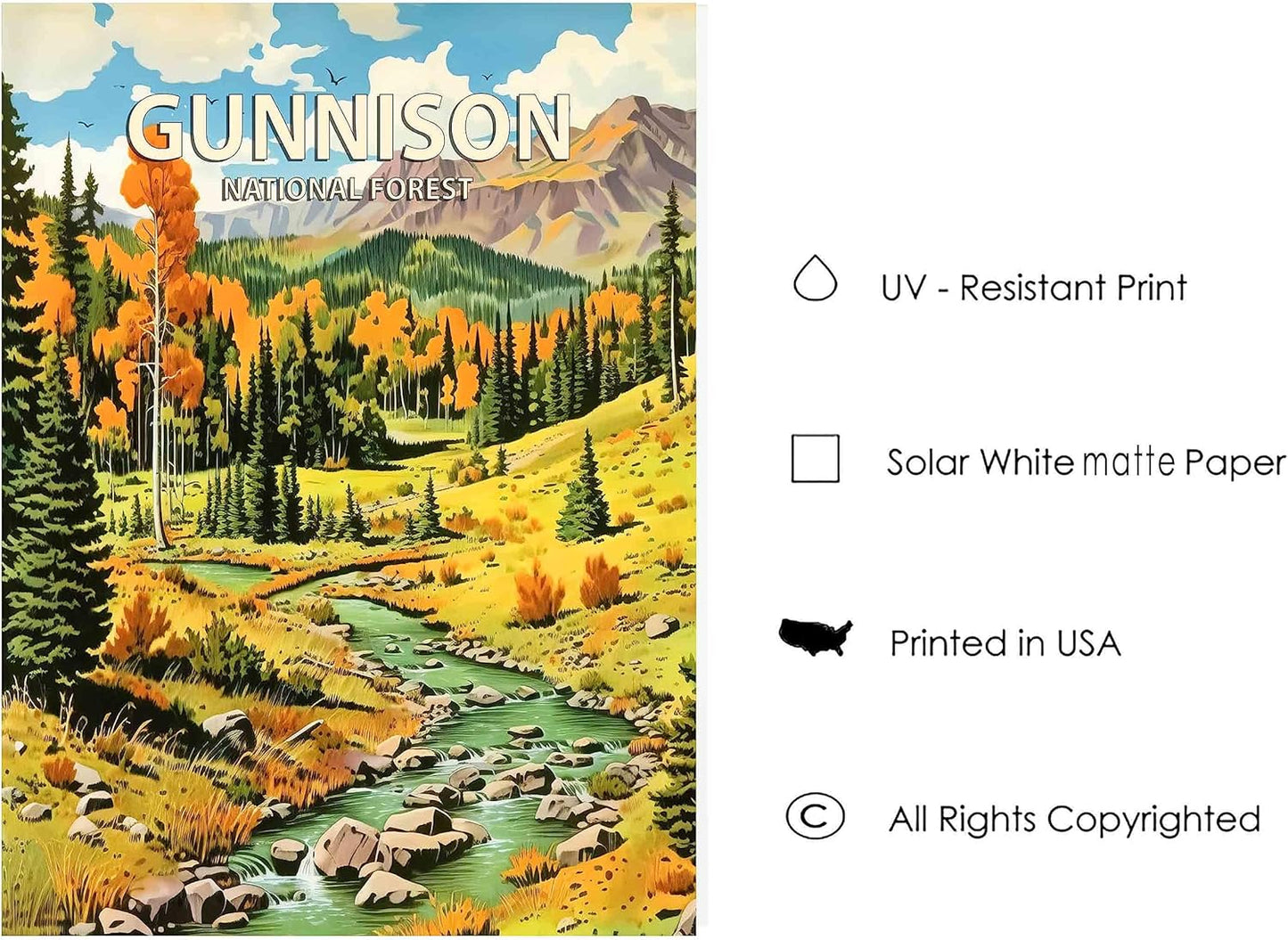 Gunnison National Forest Poster Art Print Retro Mountain Wall Art Poster Vintage Decor Nature Recreation Wilderness Wildlife Decoration, Outdoor Adventure Scenic Beauty Artwork. (Gunnison National