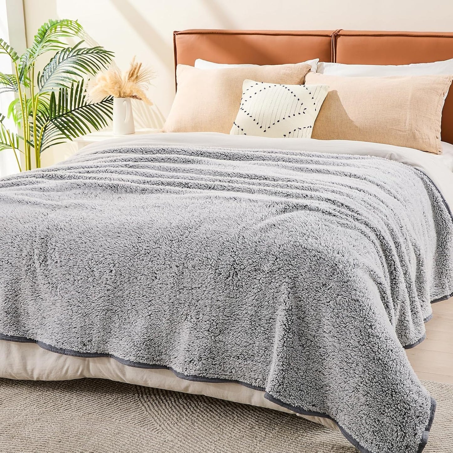 EMME Soft Sherpa Fleece Blanket Reversible Plush Fluffy Large Blanket, Light Weight Warm Decorative Boho Blanket Cover for Sofa, Couch, Bedroom,Travel(Plush Grey,108"x90")