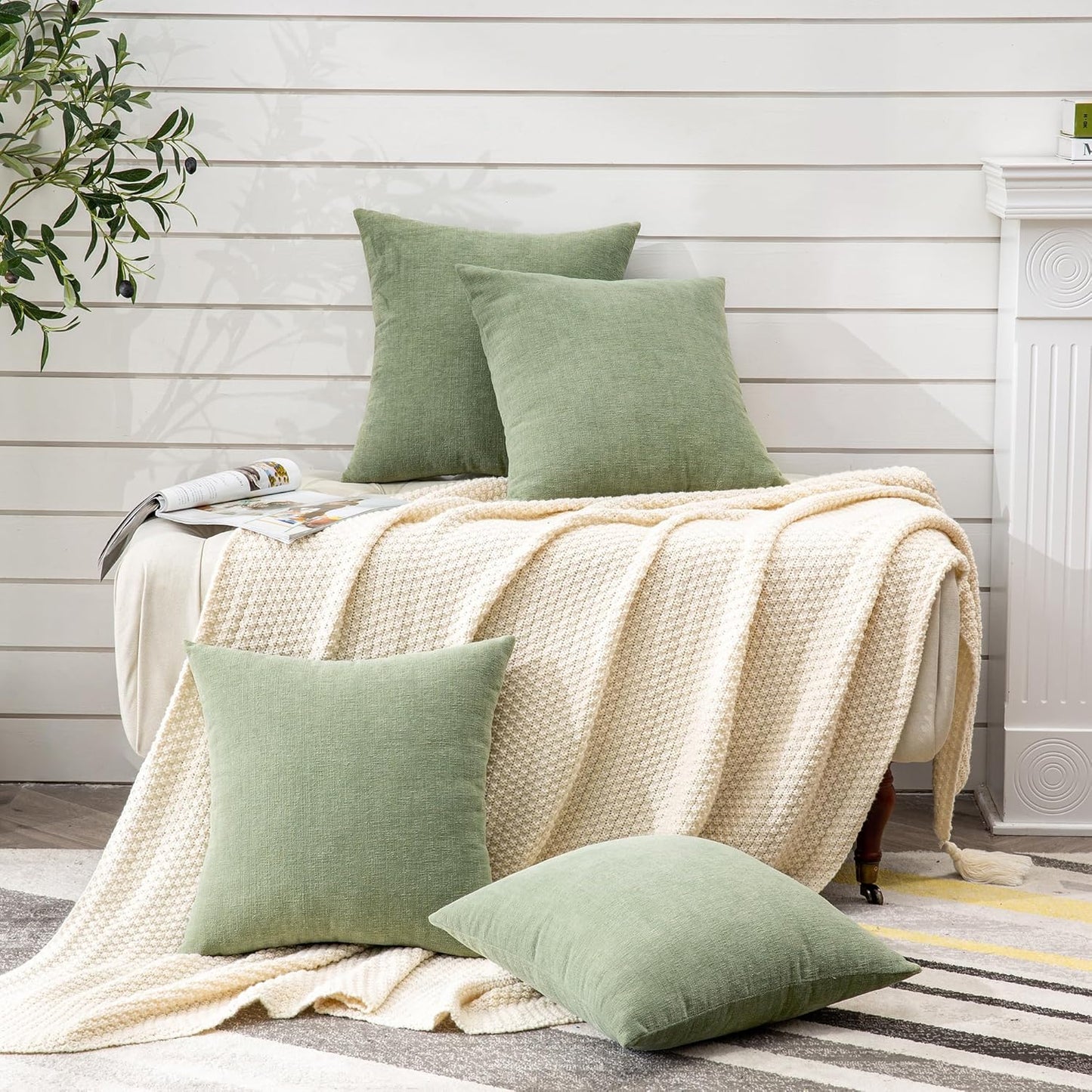 GAWAMAY Decorative Square Throw Pillow Covers 18"x18" Inch Set of 4, Super Soft Chenille Pillows Farmhouse Fall Pillowcase for Living Room Bedroom Sofa Couch Cushion Cover Sage Green 45x45cm