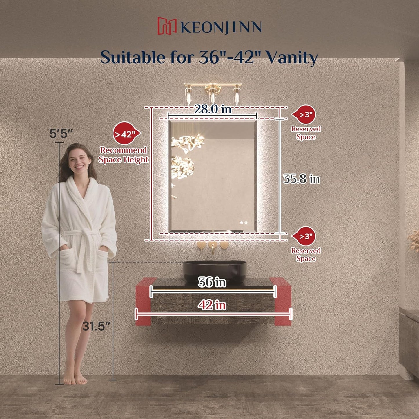 Keonjinn LED Backlit Mirror 28 x 36 Inch, Frameless LED Mirror with Beveled Edge, Tempered Glass, UL-Listed Power Driver, 3 Color Lights, Anti-fog, Dimmable, Memory Function, French Cleat Installation
