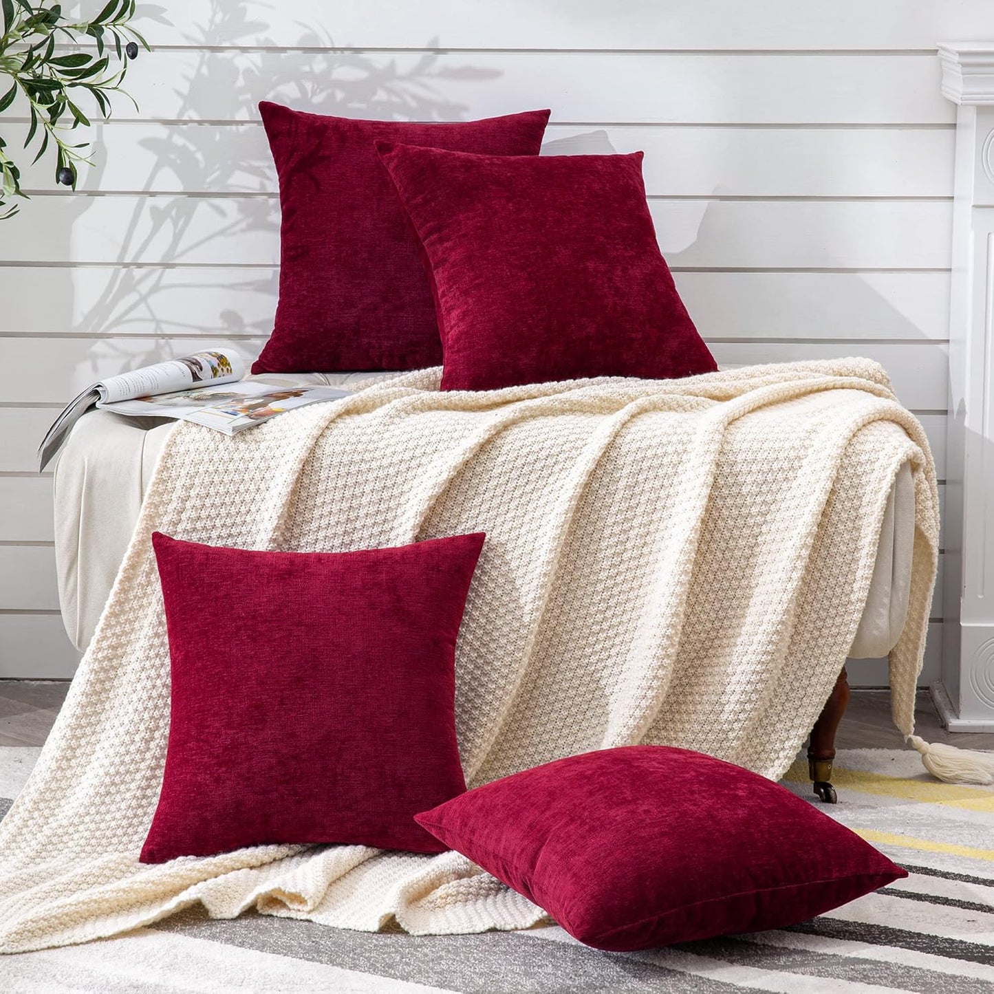 GAWAMAY Decorative Square Throw Pillow Covers 18"x18" Inch Set of 4, Super Soft Chenille Pillows Cover Fall Pillowcase for Living Room Bedroom Sofa Couch Cushion Cover Burgundy Red 45x45cm