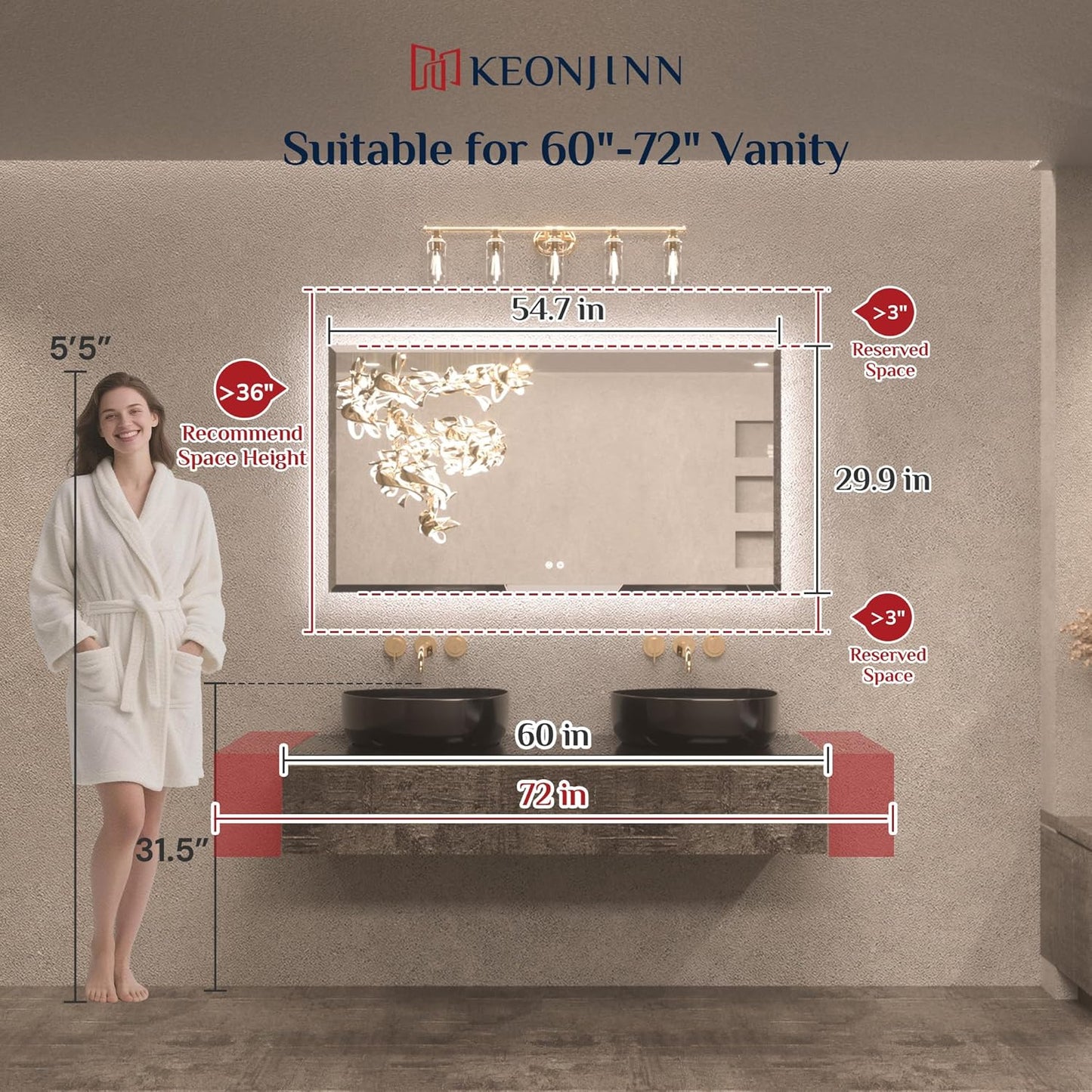 Keonjinn 55 x 30 Inch Backlit Bathroom Mirror with Lights, Beveled Large Lighted Vanity Mirror for Wall, HD Tempered Glass, Safe Defogging, UL-Listed, 3000K/4500K/6500K, Big Frameless LED Mirror