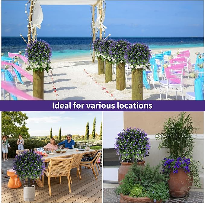 27.2" Artificial Lavender Topiary Set of 2 with Spike, Fake Plants Boxwood Balls Greenery Shrubs , Uv Resistant Artificial Push in Flowers Bushes for Outdoor Front Porch Decor, Home Faux Plants Indoor