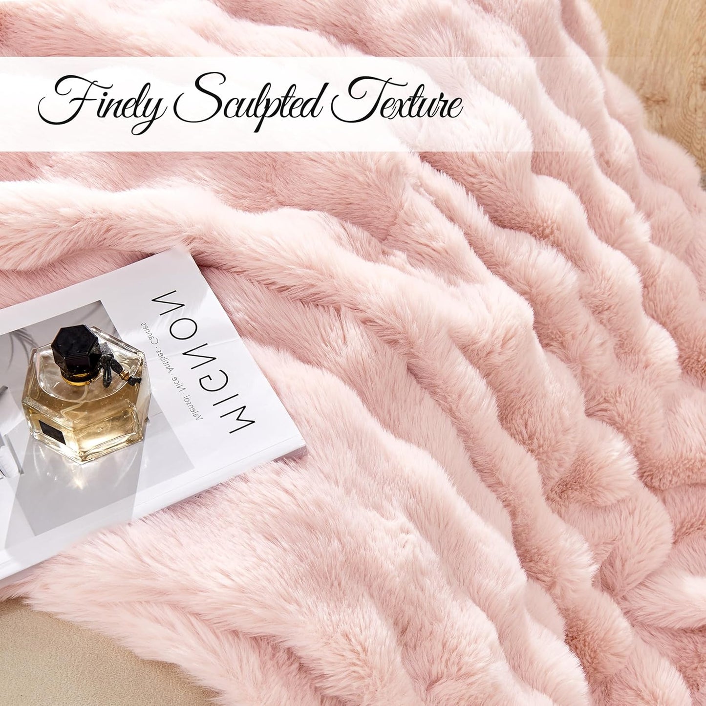 Luxury Faux Rabbit Fur Throw Blanket, Soft Bubble Fluffy Blanket Cozy Fuzzy Throw Blankets for Bed Sofa Couch, Decorative Thick Warm Plush Fuzzy Elegant Soft Mink Blanket (60" x 80", Pink)