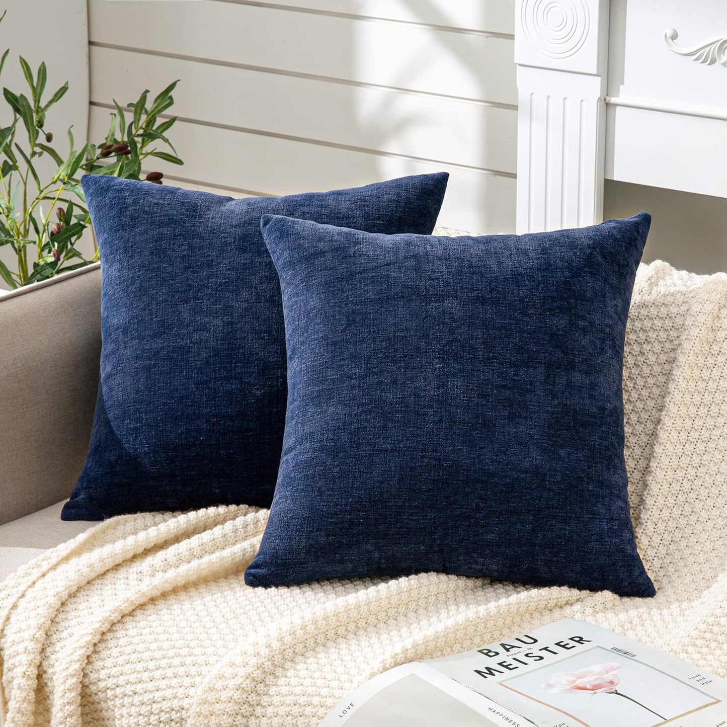 GAWAMAY Decorative Chenille Throw Pillow Covers 26x26 Inch Pack of 2, Soft Square Couch Pillow Cover for Sofa Cushion Living Room Bedroom Solid Oversized Pillowcases Navy Blue 66x66cm (ONLY Covers)