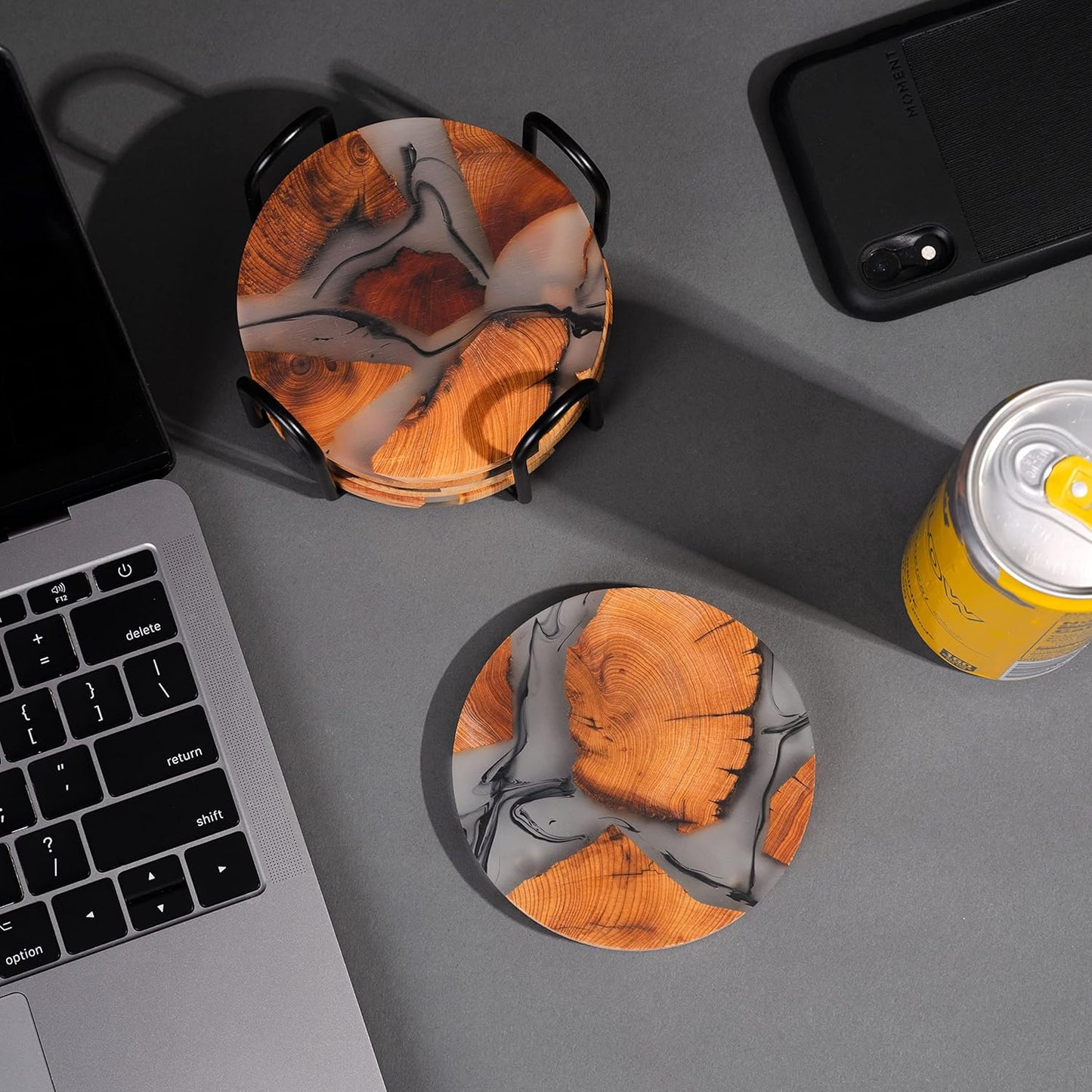 Drink Coaster Set, Wooden Absorbent Coasters, Epoxy Resin Coaster for Coffee Table, Tabletop Protection Decor, Set of 6 With Holder