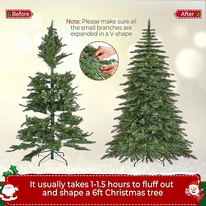 Yaheetech 6ft Pre-Lit Christmas Fir Tree with 400 Warm LED Lights & 940 PVC Tips,Hinged Holiday Decorative Tree with Foldable Stand & Protective Foot Caps,Green