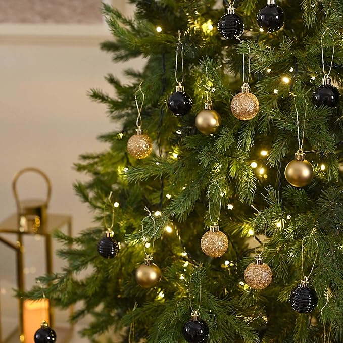 Valery Madelyn 1.57 Inches Small Christmas Tree Decorations Ornament Set for Fall Halloween, 24ct Black and Gold Shatterproof Hanging Ball Ornaments Holiday Party Decor