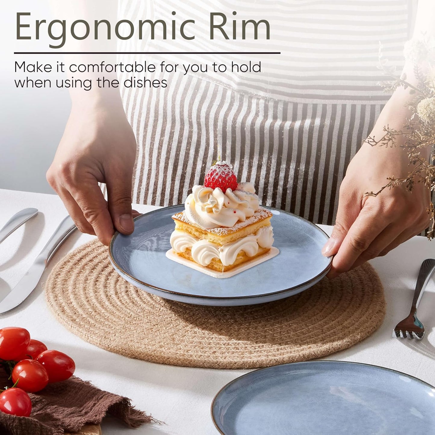 Herogo 4-Piece Stoneware Dinner Plates Set, 7.9" Ceramic Round Dessert Plate Set, Small Handmade Double Reactive Glaze Dinnerware Plates for Kitchen, Microwave, Oven and Dishwasher Safe, Haze Blue