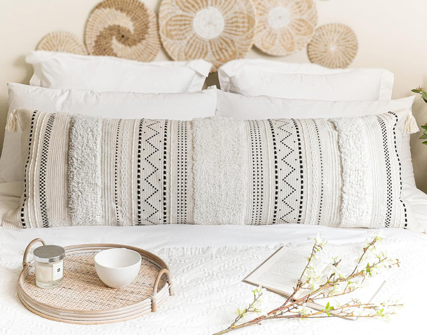 BlissBlush Large Body Pillow Cover for Bed 20x54 Boho Accent Oversized Long Pillowcase for Bedroom Black Neutral White Decorative Cushion Farmhouse Home Décor (Cover ONLY, Pack of 1)