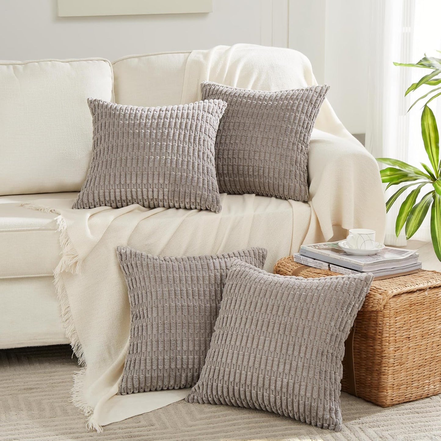 Fancy Homi Gray Farmhouse Decorative Throw Pillow Covers 20x20 Inch for Living Room Couch Bed Sofa, Rustic Boho Home Decor, Soft Striped Corduroy Square Cushion Case 50x50 cm