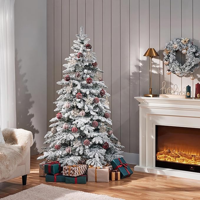 Yaheetech 6ft Pre-Lit Artificial Christmas Tree with 400 Warm White LED Lights & 940 PVC Tips,Hinged Snow Flocked Xmas Tree with Foldable Stand & Protective Foot Caps,Green & White