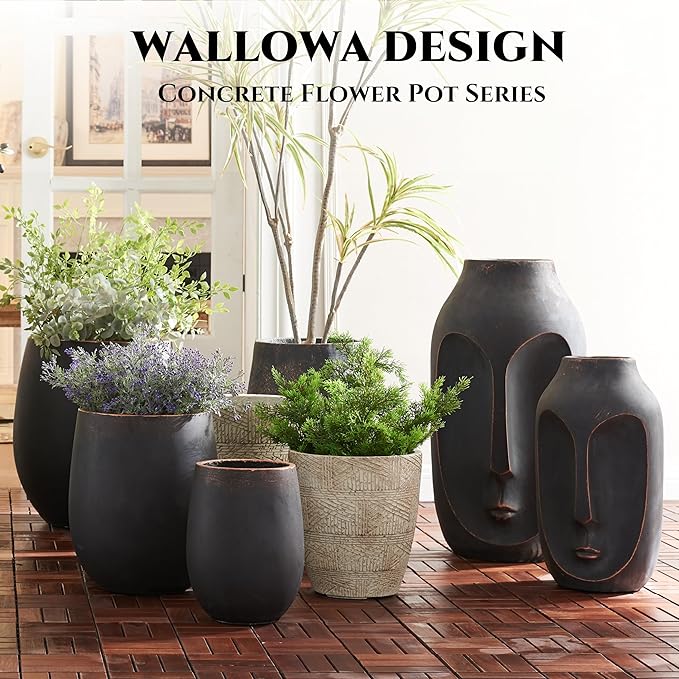 Wallowa 15.5" H Outdoor Concrete Planter, Round Flower Pot with Drainage Hole and Silicone Plug, Plant Container for Garden, Patio, Home, Office, Black, Copper Rim, 1 Pack