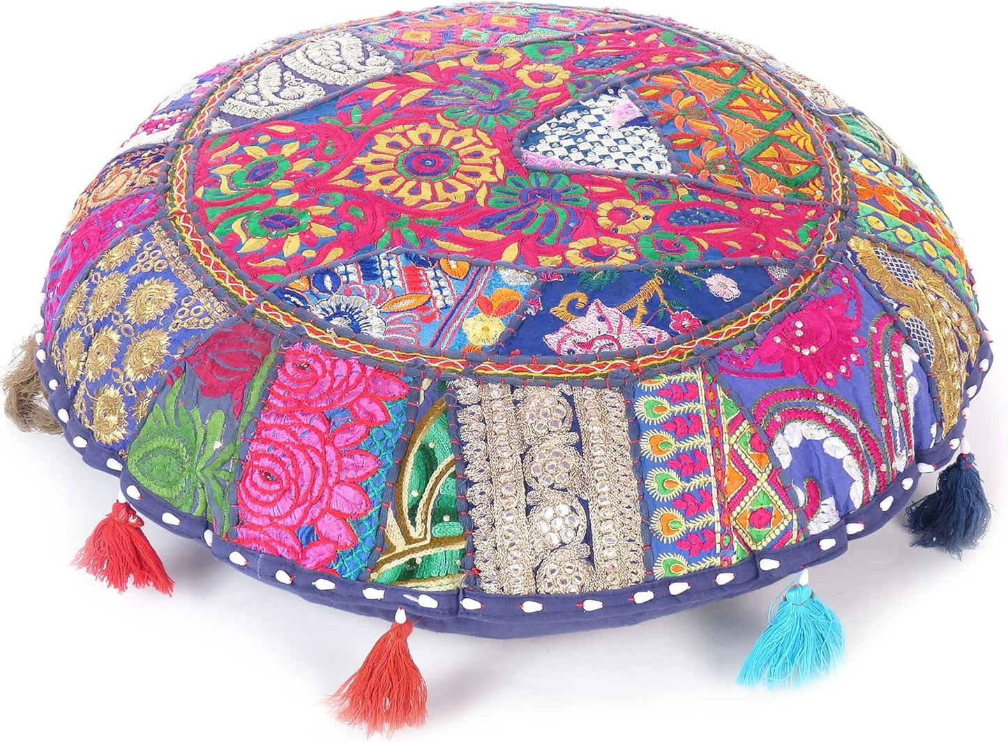 Eyes of India Round Floor Seating Meditation Patchwork Pillow Cushion Cover Colourful Decorative Throw Indian Bohemian Accent Boho Chic Handmade Cover Only (Dark Blue, 32" x 32")