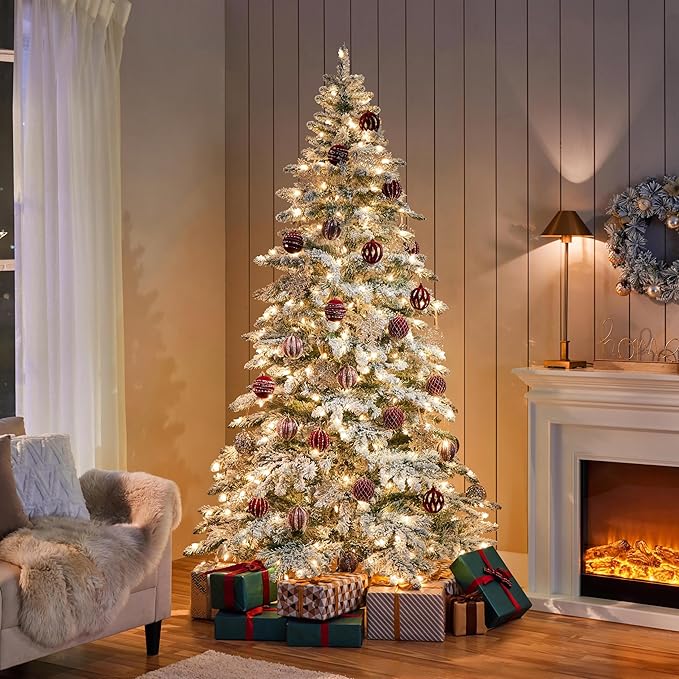 Yaheetech 7.5ft Pre-Lit Artificial Christmas Tree with 550 Warm White LED Lights & 1278 PVC Tips,Hinged Snow Flocked Xmas Tree with Foldable Stand & Protective Foot Caps,Green & White