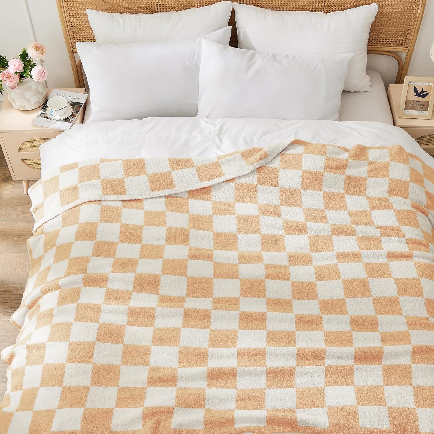 JOOJA Soft Cozy Checkerboard Peach Blanket Fluffy Knit Throw for Couch Plaid Checkered 60x80 in