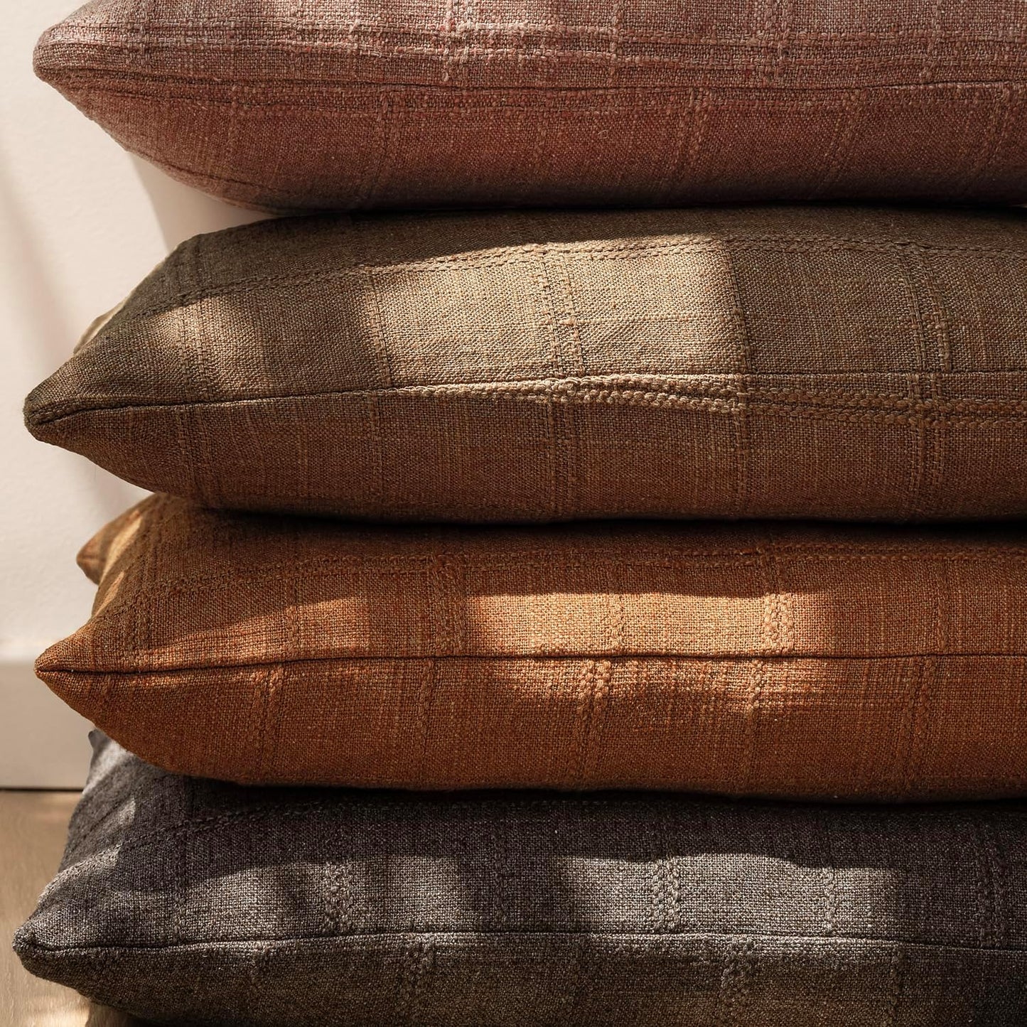 Foindtower Set of 2 Decorative Linen Check Throw Pillow Covers Neutral Farmhouse Vintage Cushion Covers Modern Boho Home Decor for Sofa Chair Couch Bedroom Living Room,26×26 Inch,Orange