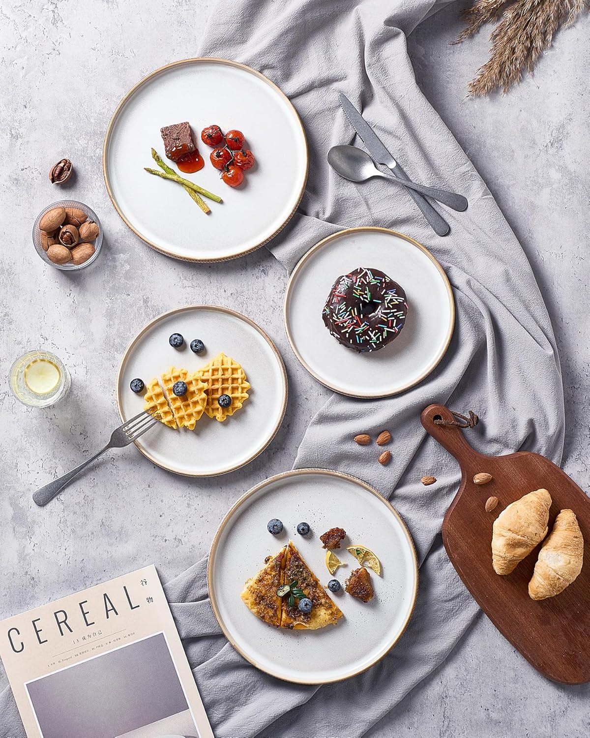 famiware Star Salad Plates for 6, 8 inches Plate Set, Stoneware Dinnerware, Small Dinner Plates for Dessert, Salad, Appetizer,Vanilla White