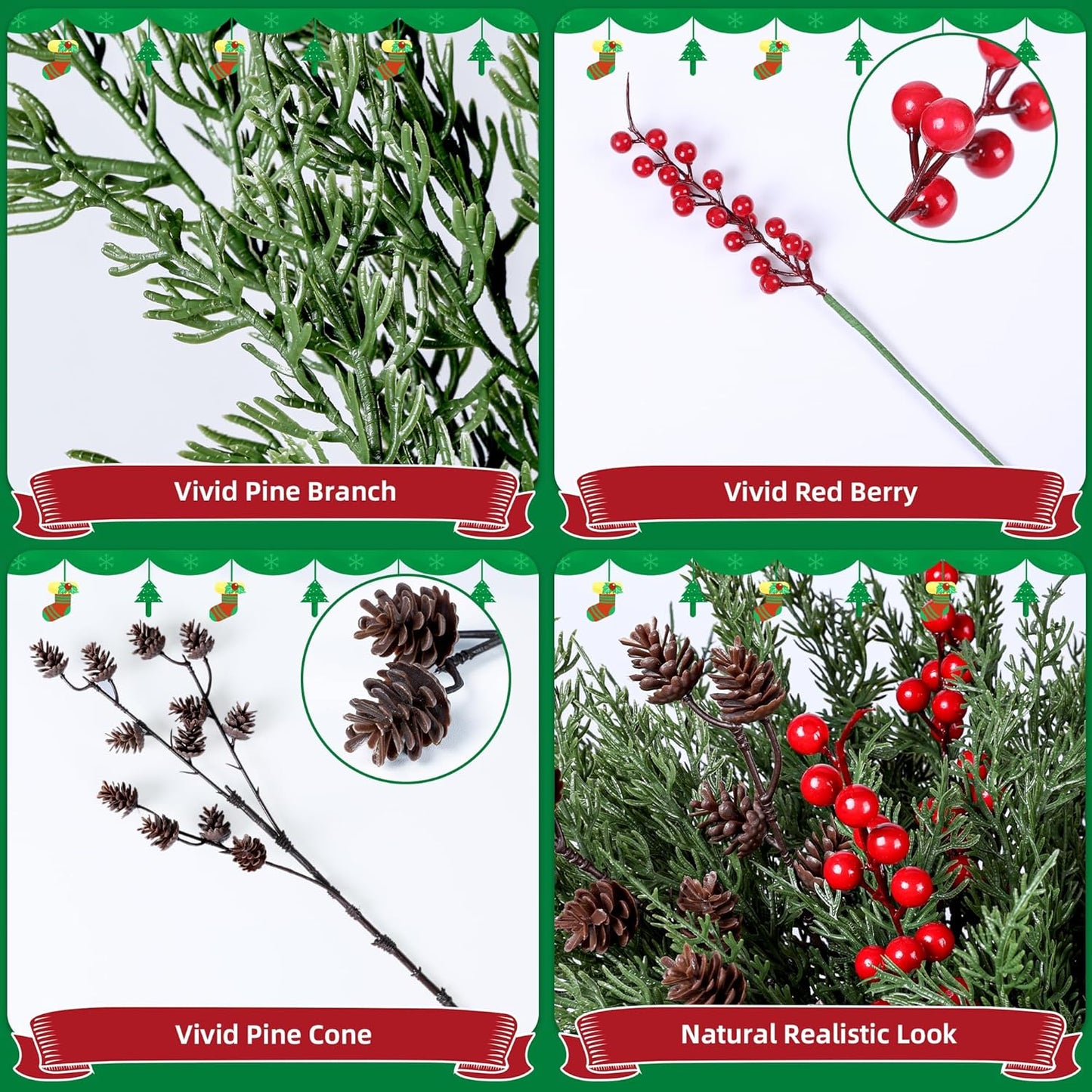 Faux Cedar Stems Artificial Norfolk Pine Branches for Christmas Decorations, 17 PCS Faux Pine Stems with Pinecones Red Berries Branches Realistic Faux Greenery for Vases DIY Garland Xmas Table Indoor