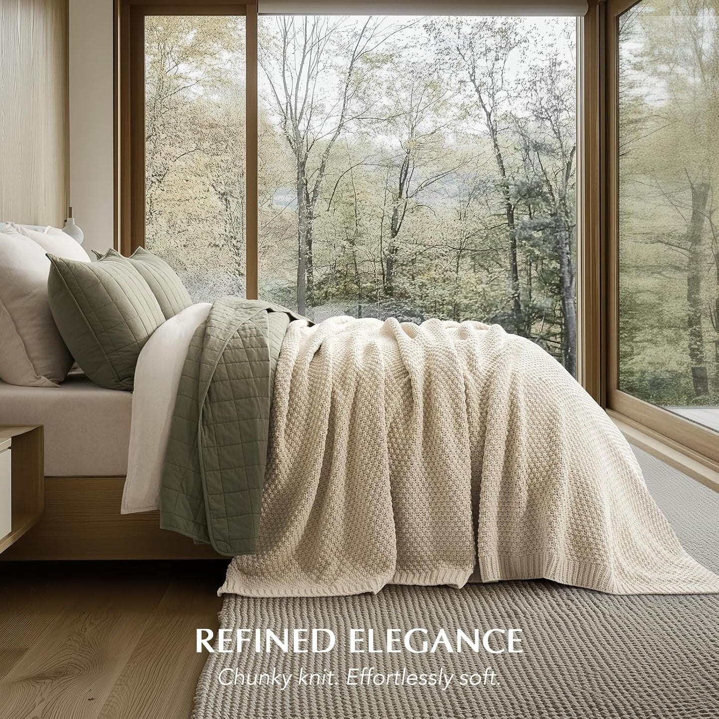 EVERGRACEHOME Chunky Chenille Knit Throw Blanket for Couch, Soft Luxurious Oversized Queen Moss Stitch Blanket for Bed, Large Cozy Farmhouse Knitted Throw for Sofa, Beige, 90" x 90"