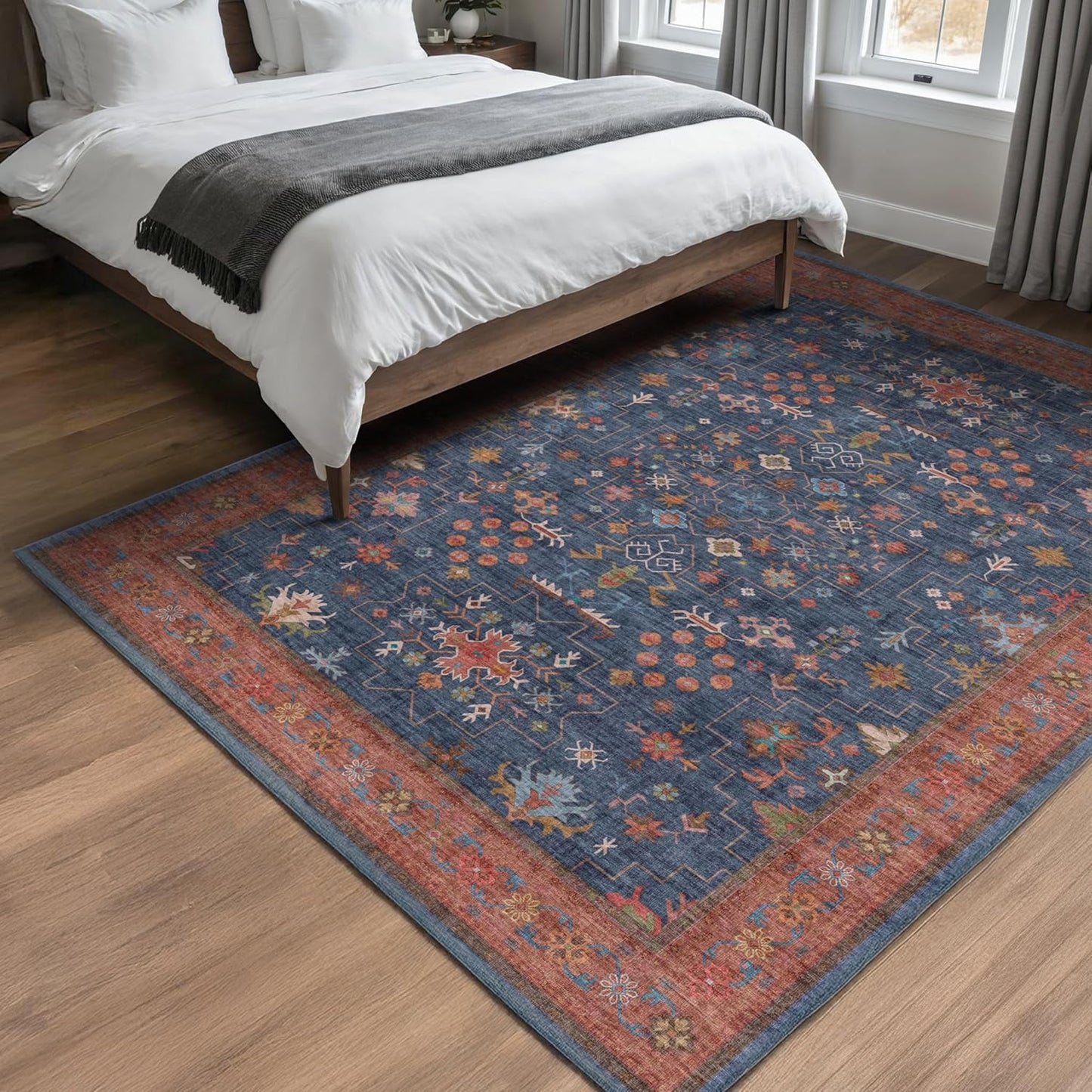 Dark Blue & Terracotta 5x8 Living Room Rug - Machine Washable Area Rugs for Bedroom, Dining Room, Kitchen Floor, Small Office, Low Pile Non-Slip Rubber Backing & Stain Resistance