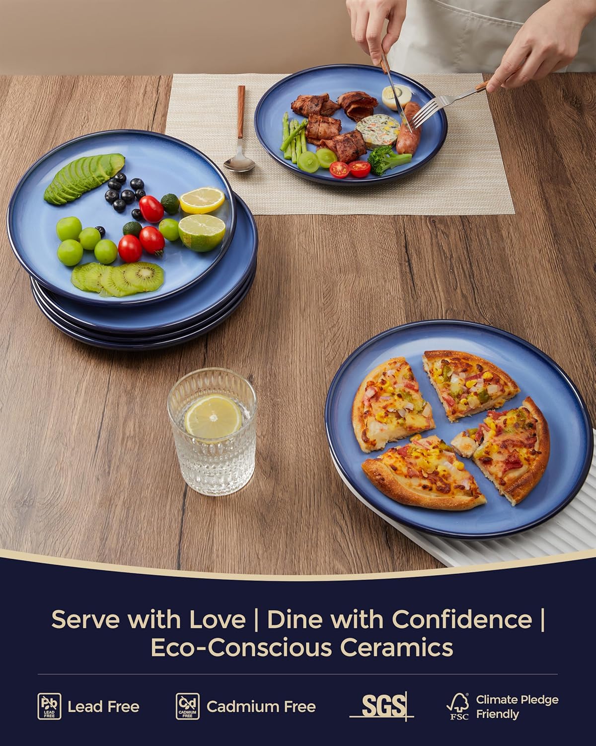 Dinner Plates for 6, 10 Inches Plate Set, Scratch Resistant, Large Stoneware Dinnerware, Kitchen Modern Rustic Serving Dishes, Light Blue