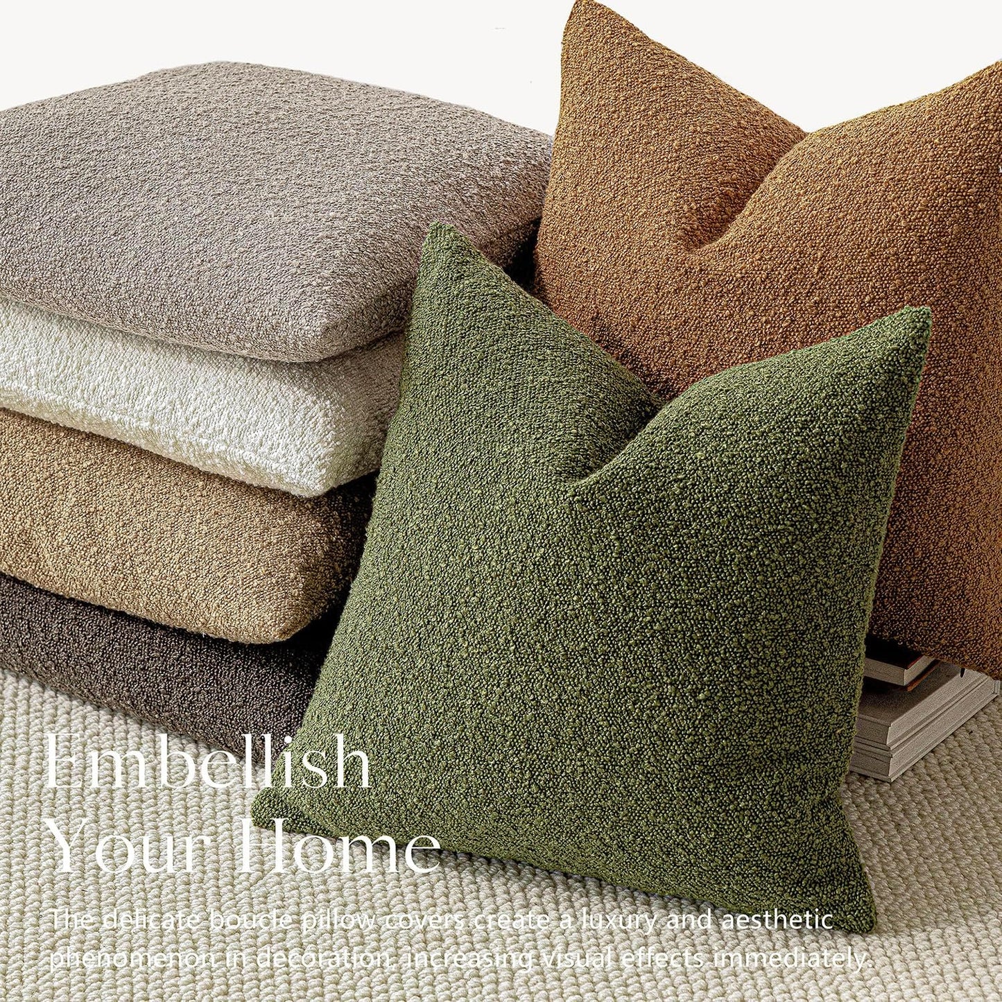 Foindtower Decorative Textured Boucle Throw Pillow Covers Accent Solid Pillow Cases Neutral Soft Cozy Couch Cushion Case for Chair Sofa Bedroom Living Room Home Decor 26 x 26 Inch,Green