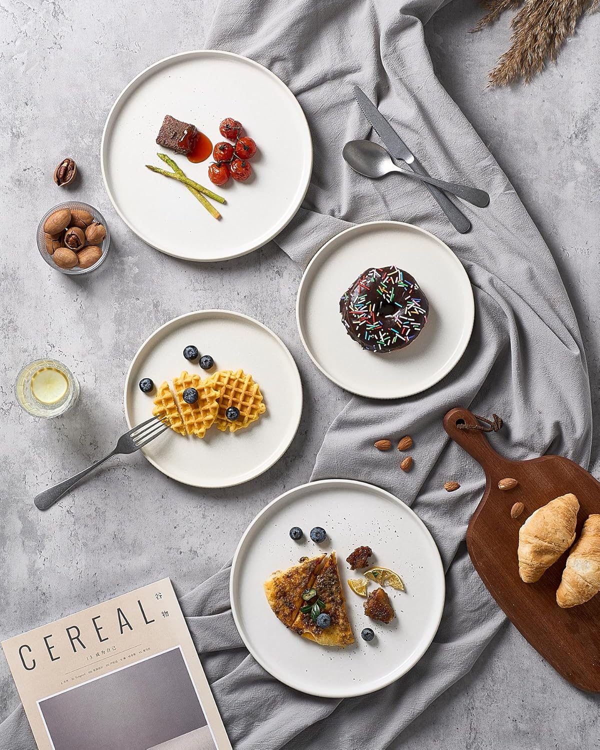 famiware Star Salad Plates for 6, 8 inches Plate Set, Stoneware Dinnerware, Small Dinner Plates for Dessert, Salad, Appetizer, Matte White