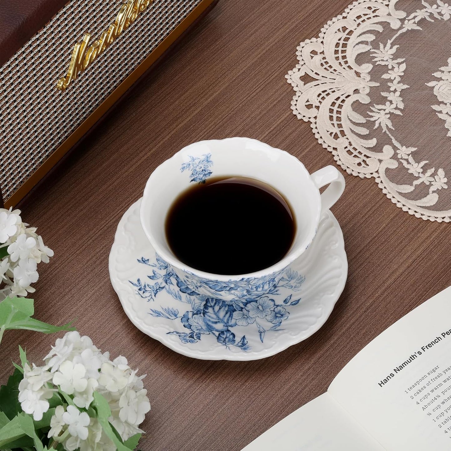 fanquare 8 Ounce Blue and White Tea Cup and Saucer Set, Relief Porcelain Coffee Cup with Ruffled Rim, Vintage Teacups for Women and Tea Parties