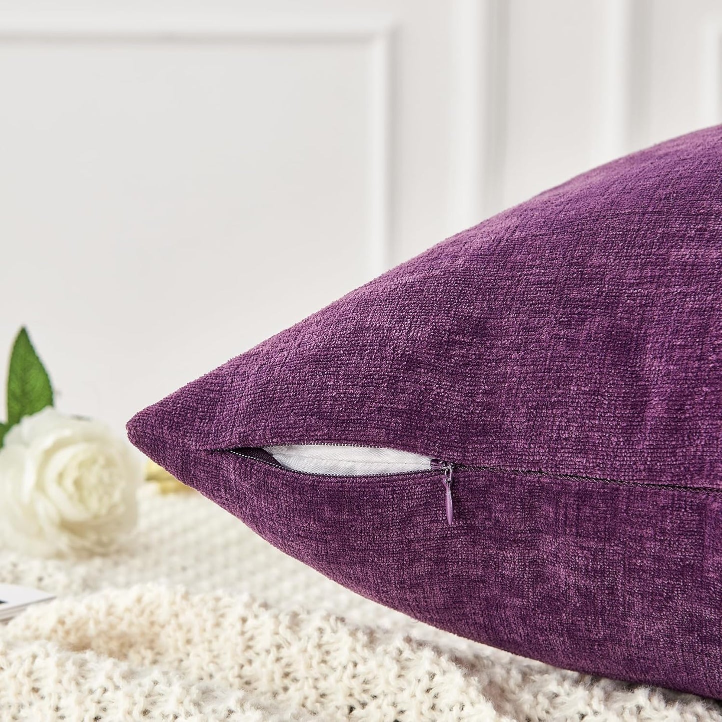 GAWAMAY Decorative Square Throw Pillow Covers 18"x18" Inch Set of 4, Super Soft Chenille Pillows Farmhouse Fall Pillowcase for Living Room Bedroom Sofa Couch Cushion Cover Purple 45x45cm (No Insert)