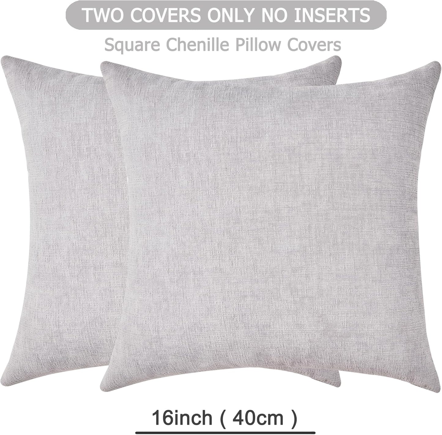 GAWAMAY Decorative Square 16x16 Inch Throw Pillow Covers Set of 2, Super Soft Chenille Pillows Farmhouse Fall Pillowcase for Living Room Bedroom Sofa Couch Cushion Cover Light Grey 40x40cm