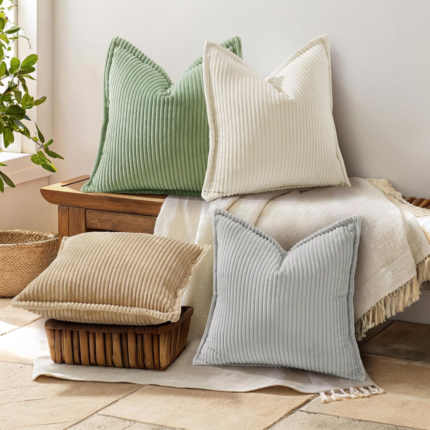 decorUhome Corduroy Sage Green Throw Pillow Covers 26x26 Set of 2 Decorative Soft Boho Farmhouse Euro Couch Pillow Covers for Living Room Bed Sofa Broadside Striped Pillow Cases