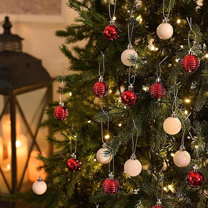 Valery Madelyn 1.57 Inches Small Christmas Tree Decorations Ornament Set for Fall Halloween, 24ct Red and White Shatterproof Hanging Ball Ornaments Holiday Party Decor