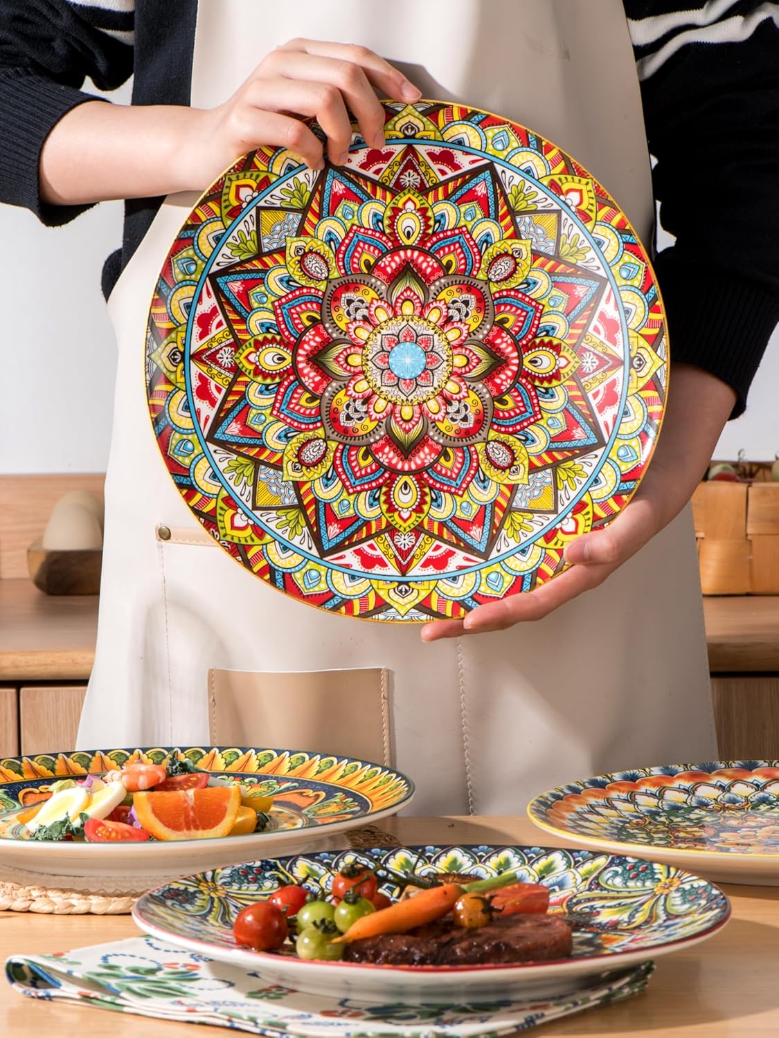 Henten Home Dinner Plates Set of 6, 10.5 Inch Porcelain Plate, Colorful Bohemian Serving Dishes for Kitchen, Pasta, Salad, Decorative, Microwave & Dishwasher Safe