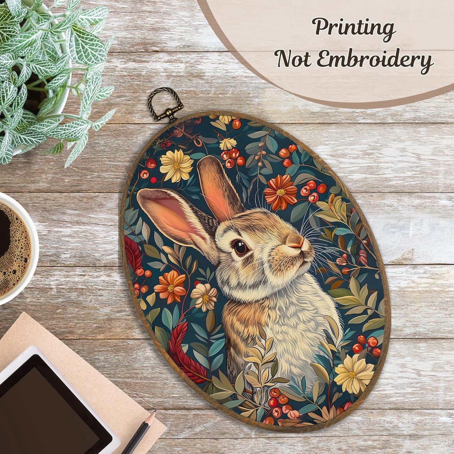 LKETW Floral Bunny Oval Wall Art Decor, Cottagecore Bunny Floral Botanical Oval Canvas Hanging Decor, Rustic Retro Rabbit Wall Decorations for Home Bedroom Living Room, 8.6x11.4 Inch