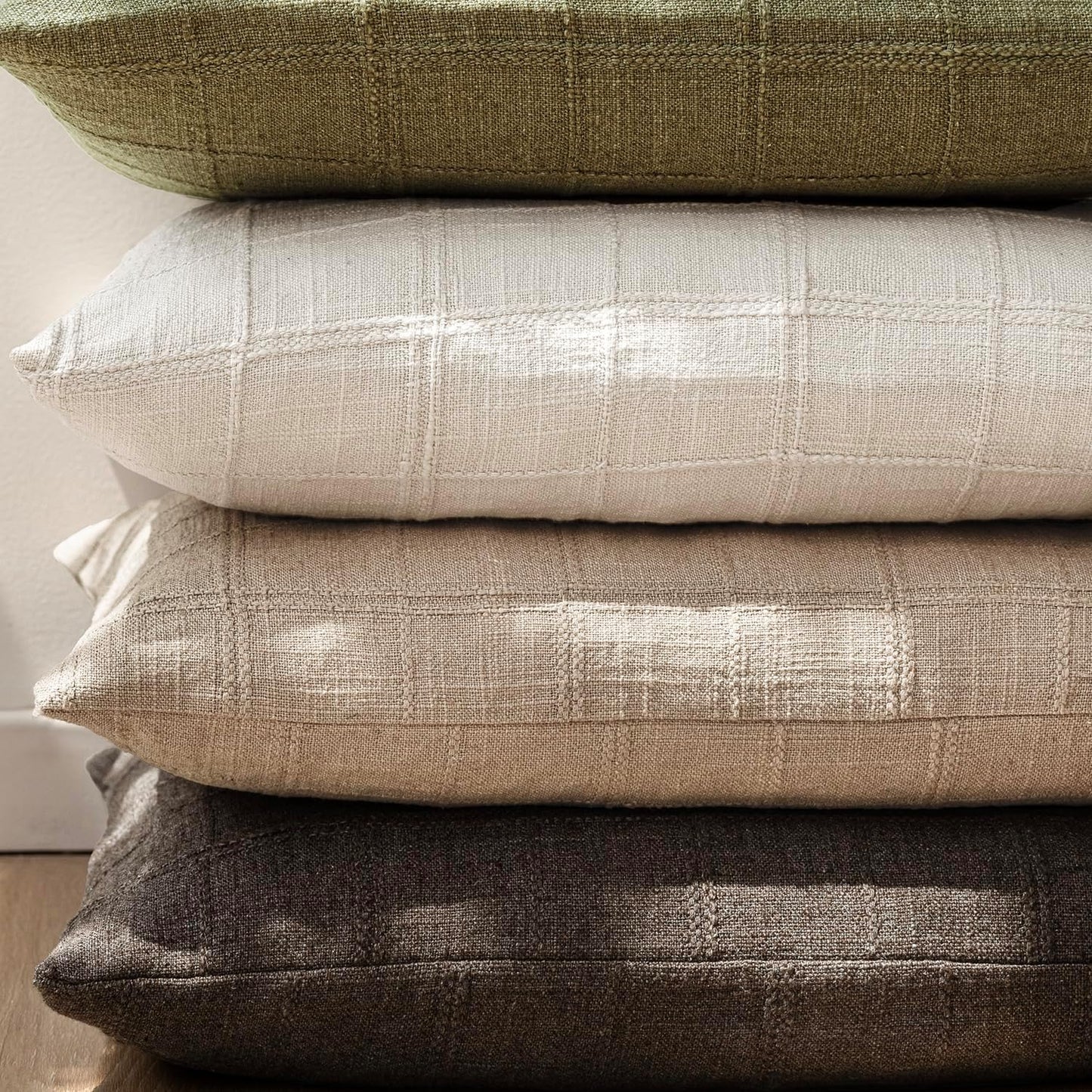 Foindtower Set of 2 Decorative Linen Check Throw Pillow Covers Neutral Farmhouse Vintage Cushion Covers Modern Coastal Boho Home Decor for Sofa Chair Couch Bedroom Living Room,18×18 Inch,Camel