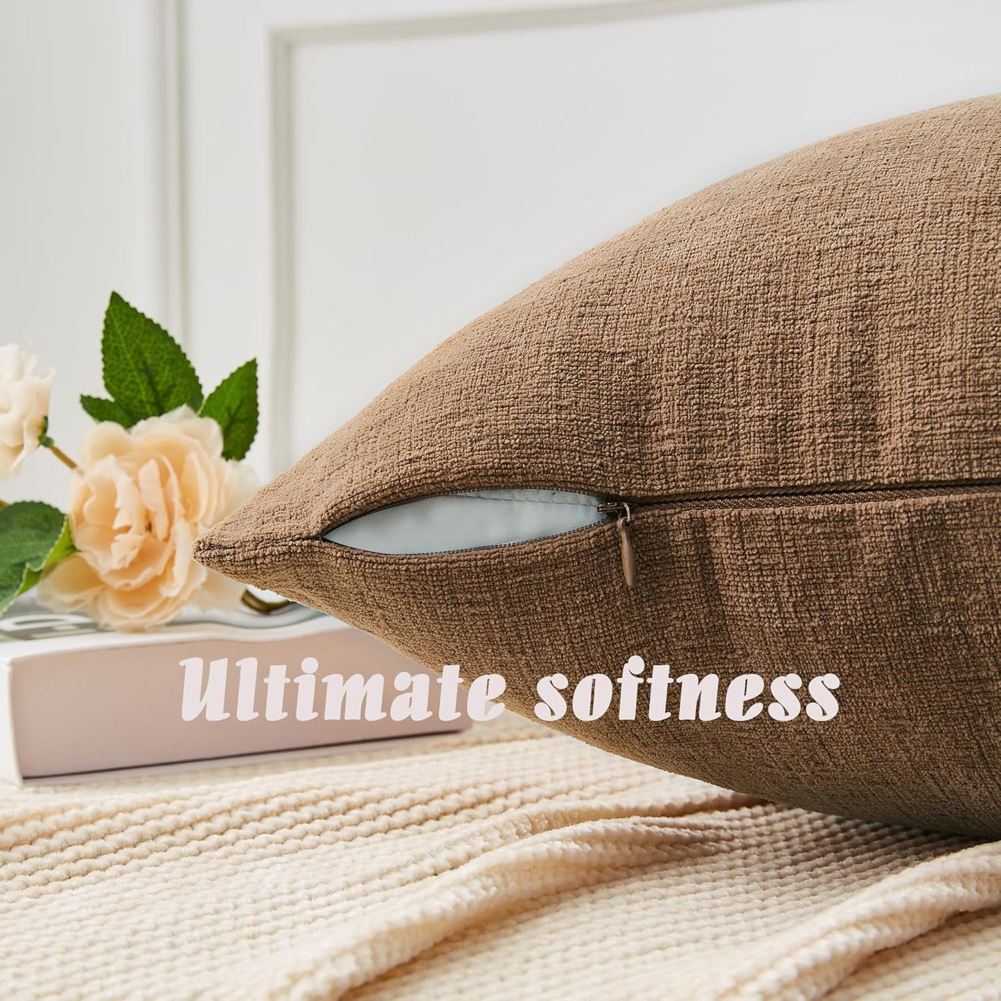 GAWAMAY Decorative Square Throw Pillow Covers 18x18 Inch Set of 4, Super Soft Chenille Pillows Cover Fall Pillowcase for Living Room Bedroom Sofa Couch Cushion Cover Brown 45x45cm (No Inserts)