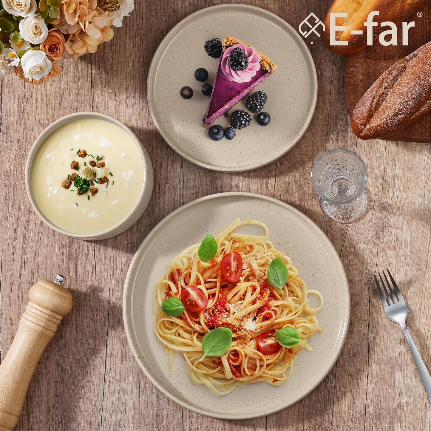 E-far Dinnerware Sets for 6, 18-Piece Stoneware Plates and Bowls Dish Set, Modern Kitchen Dinning Dishware, Chip and Scratch Resistant, Microwave & Dishwasher Safe, Speckled Khaki