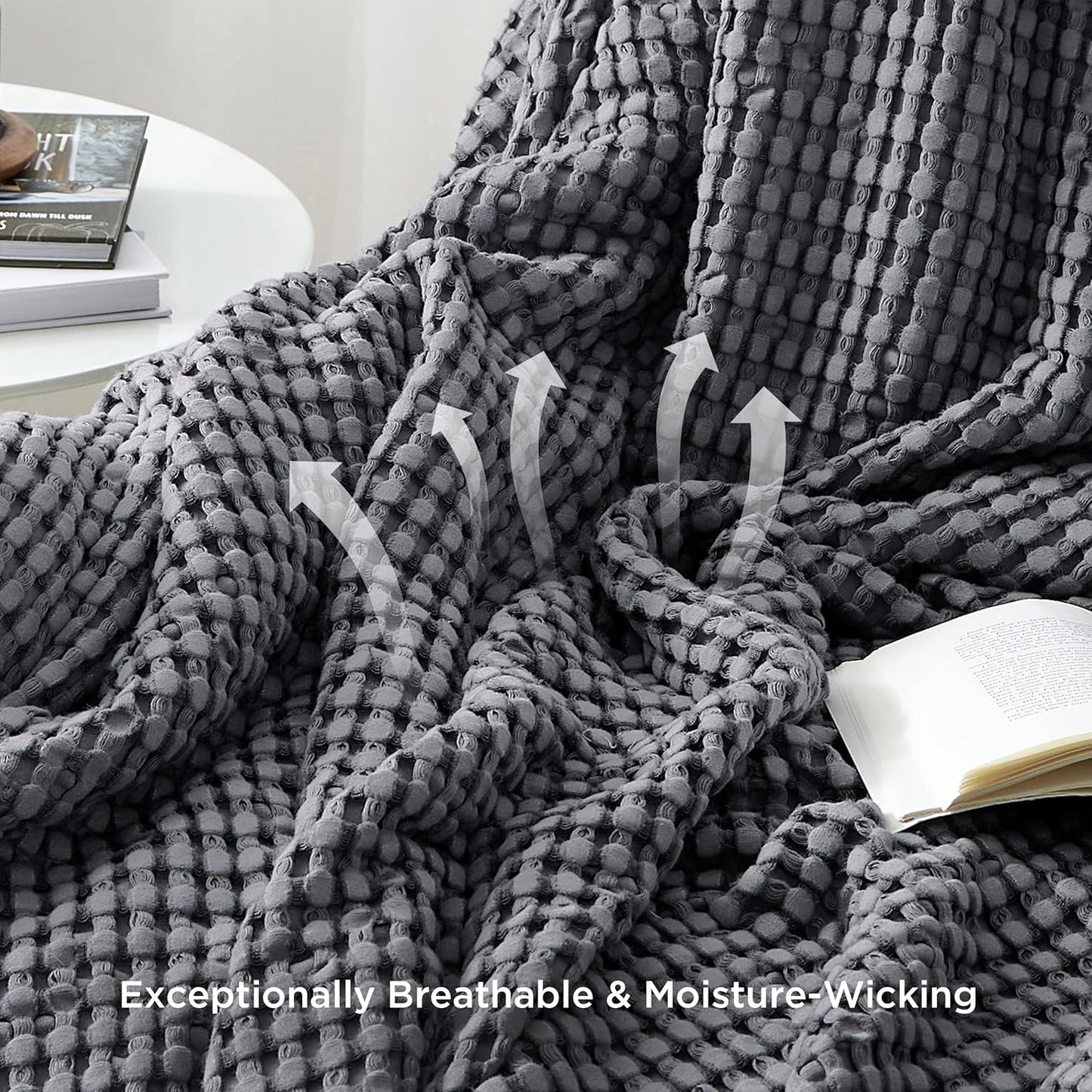 Bedsure Cooling Cotton Waffle King Size Blanket - Lightweight Breathable Summer Blanket of Rayon Derived from Bamboo for Hot Sleepers, Luxury Throws for Bed, Couch and Sofa, Dark Grey, 104x90 Inches
