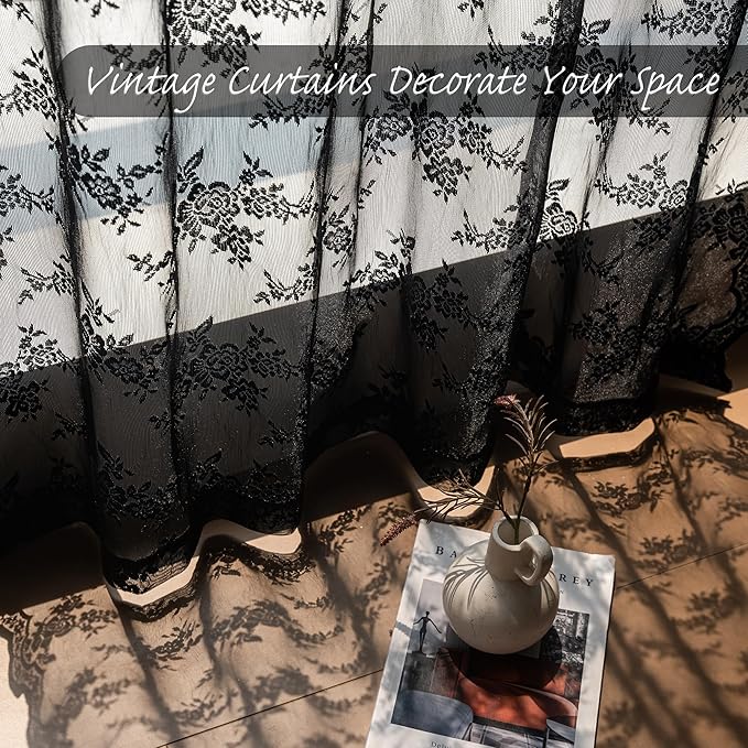 MEETSKY Lace Sheer Curtains 72 Inch Long Black Goth Victorian Vintage Spooky Halloween Holiday Party Decor for Living Room Bedroom Back Tab Rod Pocket Light Filtering Drapes, 50"W Each Panel, 2 Pieces