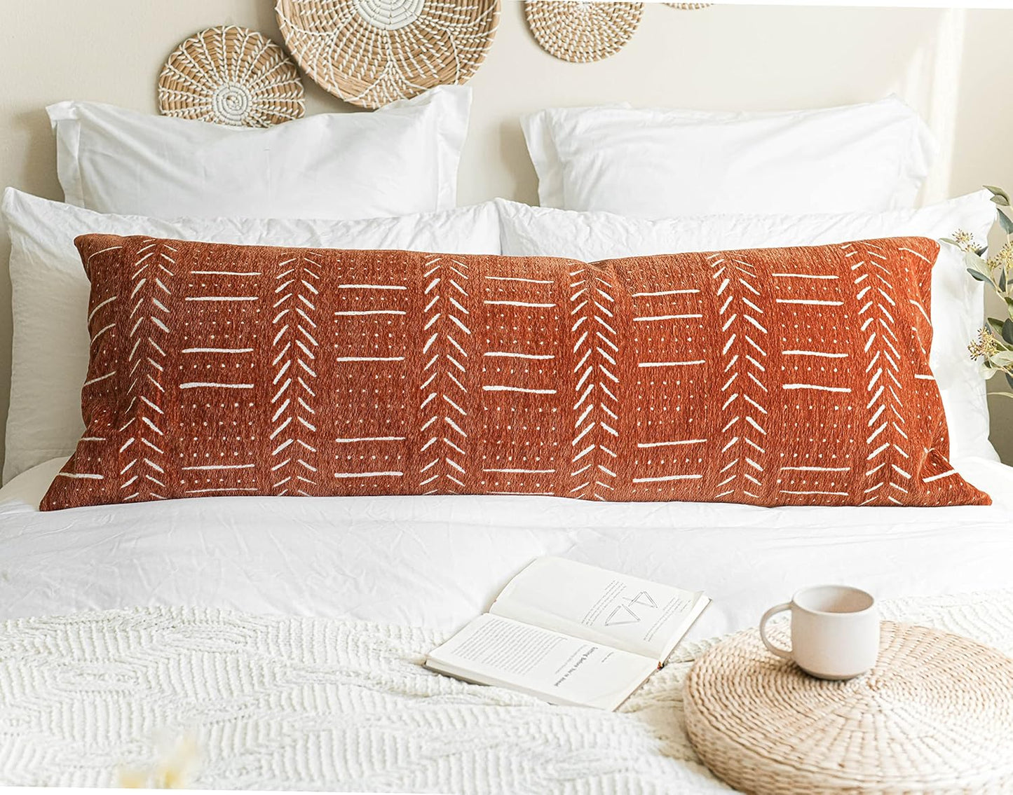 BlissBlush Fall Brick Red Soft Chenille Boho Body Pillow Cover 20x54, Decorative Oversized Long Lumbar Pillow, Boho Textured Oversize Body Pillow, Cover ONLY