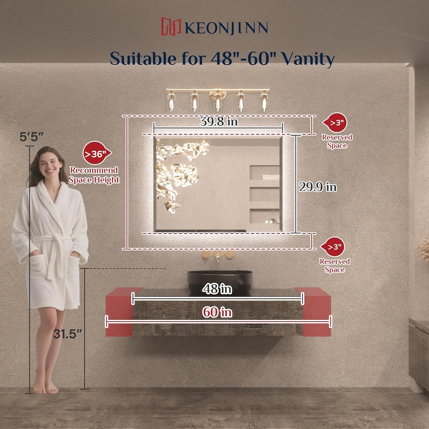 Keonjinn 40 x 30 Inch Backlit Mirror Bathroom, Frameless LED Mirror Beveled Edge, Safe Tempered Glass, UL-Listed, Anti-Fog, 3 Color Lights, Dimmable, Light Up Bathroom Wall Mirrors for Over Sink
