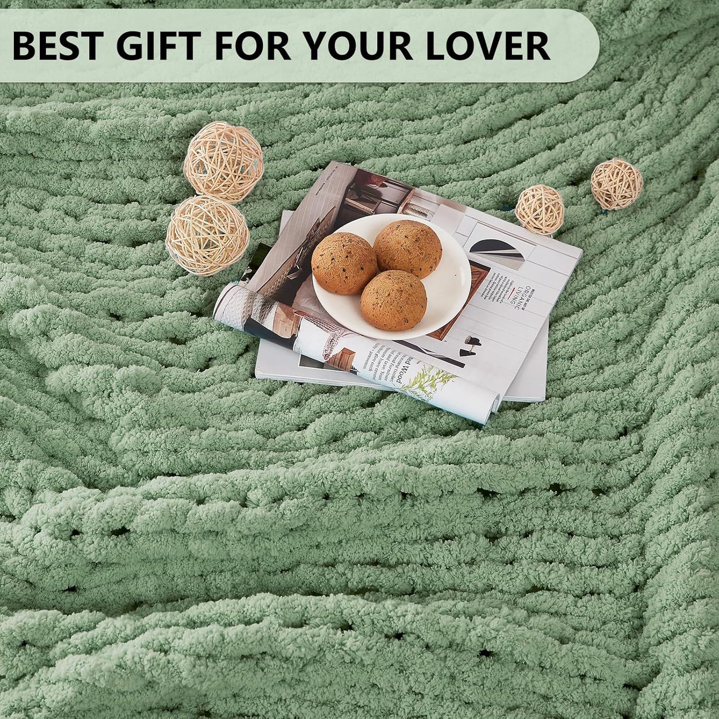 L'AGRATY Chunky Knit Blanket Throw - Soft Throw Blanket 60x80: 100% Hand Kintted Chenile Crochet Throw Blanket for Couch - Large Cable Knit Blanket for Home Decor (Sage Green)